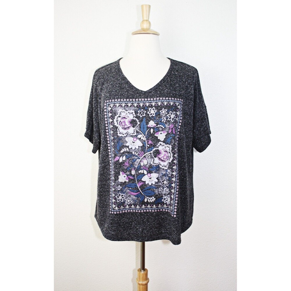 TERRA & SKY Knit Top Plus Sz. 3X (24-26W) Gray Floral Framed Print #03